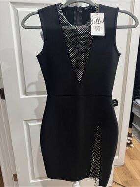 Abella Black Mini Dress with Rhinestone Mesh Inset